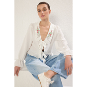 Trendyol White Collar with Embroidery and Ruffle Detail Front Tie Regular Fit Woven Shirt