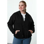 Trendyol Curve Black Hooded Plus Size Knitted Sweatshirt with Fleece Inside and Zipper on the Front