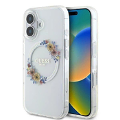 slomart Etui Guess IML Flowers Wreath MagSafe za iPhone 16 Plus - prozorno