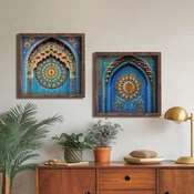 WallXpert set uramljenih MDF slika DOS084-50, plave orijentalne kapije sa mozaikom i mandalom, 2 x 50 x 50 cm