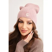 Kesi Womens ribbed cap with decorative button made of wool and modal dark pink
