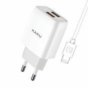 Kaku Charger polnilnik 2x USB 15W 2.4A + Lightning kabel 1m, bela