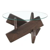 SONNENH Okrogla klubska mizica O 79 x 45 cm, prozorna plošča iz kaljenega stekla debeline 8 mm in prepleteno križno podnožje iz MDF, orehov lesni videz, 1 kos