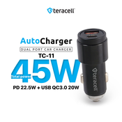 Auto punjac Teracell Evolution TC-11 PD 225W + USB QC30 20W, 45W (total) sa Lightning kablom crni