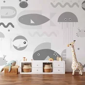 shumee Foto tapeta - Minimalističen siv ocean - geometrijske ribe v vodi za otroke