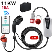 JUNSUN Tip 2 EV električni avtomobilski polnilni kabel – 11kW, nastavljiv tok, LCD zaslon, prenosni polnilnik 5 m z vtičem Schuko 6-16A IP67 APP, adapter, (5000035265)