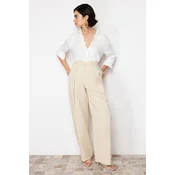Trendyol Beige Wide Leg Double Pleated Cotton Fabric Woven Trousers