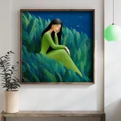 WallXpert uramljena MDF slika DOS002-33, devojka u zelenoj haljini sedi medu zelenim lišcem, 34 x 34 cm