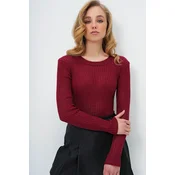 Trend Alacati Stili Ženska bluza dugih rukava Alc-X13738, Okrugli izrez, Bordo