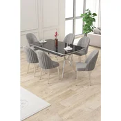 Hanah Home trpezarijski set Sim, sto na razvlacenje i 6 stolica, ploca u dekoru crnog mermera, hromirane noge, siva tkanina Babyface
