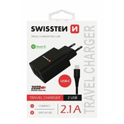 SWISSTEN NETWORK ADAPTER SMART IC, CE 2x USB 2.1 A POWER BLACK + USB / MICRO USB 1.2 M DATA CABLE BLACK