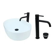 shumee GTM Design Aufsatzwaschbecken 50 cm Glanz Set mit Waschtischbatterie und Stopfen - Aufsatzwaschbecken Oval für Badezimmer - Modern Waschbecken ohne Hahnloch - Waschbecken mit Armature