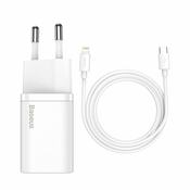 BASEUS Baseus Super Si hitri polnilec 1C 20W s kablom USB-C na Lightning 1m (bela)