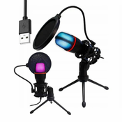 Dexxer Namizni LED RGB kondenzatorski stoječi mikrofon USB + stativ