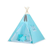 shumee Teepee šotor za otroke + obeski iz perja – bele pike na turkizni barvi