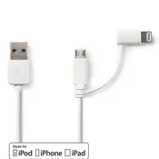 Nedis 2 v 1 kabel | USB 2.0 | USB-A moški | Apple Lightning, 8-polni / USB Micro-B moški | 480 Mbps | 1,00 m | Ponikljano | Okrogla | PVC | Bela | Plastična vrečka