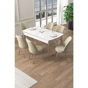 Hanah Home trpezarijski set Pale, sto na razvlacenje i 6 stolica, bela ploca, hromirane noge, krem tkanina Babyface