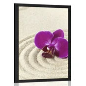 Plakat peščeni Zen vrt z vijolično orhidejo - 60x90 black