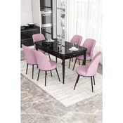 Hanah Home trpezarijski set Via, sto na razvlacenje i 6 stolica, ploca u dekoru crnog mermera, roze tkanina Jerry