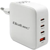 Qoltec 140W GaN stenski polnilnik | 5–20 V | 2,5–5 A | 3 x USB-C PD | 1 x USB QC 3.0 | Prenosnik | Pametni telefon | Bela