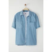 Trendyol Blue Wide Fit Short Sleeve Western Denim Jeans Shirt