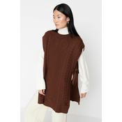 Trendyol Dark Brown Tie Waist Braided Knitwear Sweater