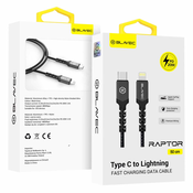 BLAVEC RAPTOR PLETEN KABEL – TYPE-C NA LIGHTNING – PD 20W 2.4A 0.50 m črno-siv