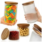 B.U. Komplet - 2x Steklena posoda za shranjevanje hrane - Z utorom in lesenim pokrovom 1L + 2x Steklena posoda za shranjevanje hrane - Z utorom in lesenim pokrovom 390 ml