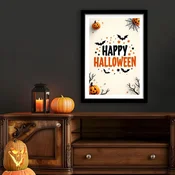 WallXpert uramljena slika 3752HALCT-023, natpis Happy Halloween sa bundevama, slepim miševima i zvezdicama, 37 x 52 cm, crni ram
