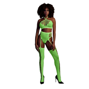Ouch! Glow in the Dark Two Piece with Crop Top and Stockings Neon Green XL-4XL