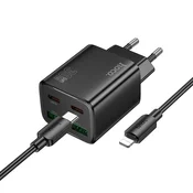 Hoco Mrežni polnilnik za telefon Hoco 2 x USB-C + 2 x USB-A QC3.0 PD 3A 30W + kabel USB-C na Lightning N56, črn