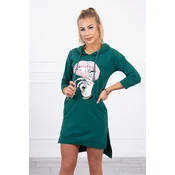 Dress with a longer back and a colorful print in dark green