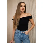 Black blouse with ruffles over the shoulder