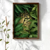 WallXpert uramljena MDF slika NAL131-70, leopard viri kroz zeleno lišce, 50 x 70 cm