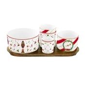 Set of 4 porcelain bowls with wooden serving tray, Nutcracker Twist