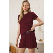 Trendyol Burgundy Heart Slogan Printed Elastic Ribbed Shorts Knitted Pajama Set