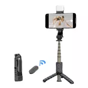 Selfie stick Techsuit Q10s s stabilnim stojalom, Bluetooth daljincem, LED lučko in 360° rotacijo, 70cm - črn