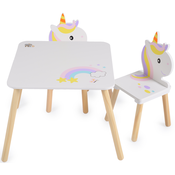 Drveni set Moni Toys - Stol s dvije stolice, unicorn