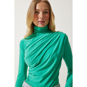 Happiness Istanbul Womens Light Green Gathered Detailed High Neck Sandy Blouse