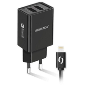 Aligator Mrežni punjac 2, 4A, 2xUSB, pametni IC, USB kabel za Apple - crni