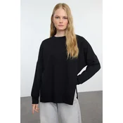 Trendyol Black Oversize/Wide Cut Slit Crew Neck Soft Touch Knitted Sweatshirt