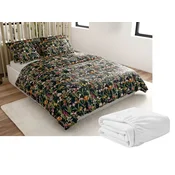 Set od mikroplyš posteljina MYSTIC GARDEN tamno zelene + plahta od mikroplyša SOFT 180x200 cm bijele, za dvostruki krevet