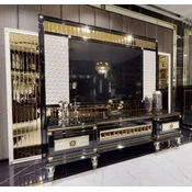 Casa Padrino luxury Art Deco TV cabinet back wall black/white/gold - Mirrored solid wood back wall - Art Deco living room furniture - Luxury living room furniture - Luxury Art Deco Furnishings