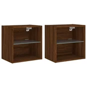 MAISON CHIC Stenski Dvo delni komplet Nočne omarice - Nočne mize z LED lučkami rjavi hrast, (21689841)