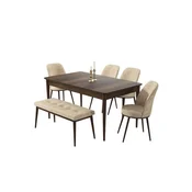 Hanah Home trpezarijski set Pir, sto, 4 stolice i klupa, ploca u dekoru drveta Baroque, krem tkanina Babyface