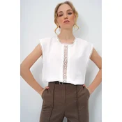 Trend Alacati Stili Ženska bluza bez rukava Alc-X13460, Okrugli izrez, Bela
