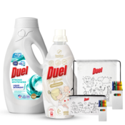 DUEL Set tecni deterdžent Strong Whiteness, 855ml + Omekšivac Baby Care, 800ml + Deciji ranac sa bojicama + Decija pernica sa bojicama