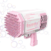 Pištola za milne mehurčke Bubblezooka z barvnimi LED efekti in kar 69 strelnimi luknjami - belo-roza