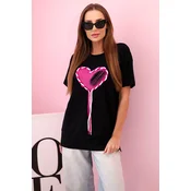 Kesi Womens oversized cotton T-shirt with a heart and fringes black