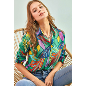 Bianco Lucci Womens Multi Leaf Patterned Viscose Shirt with Fold Sleeves.
